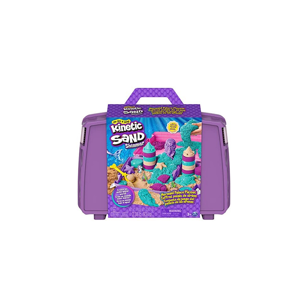 Kinetic Sand, Mermaid Palace Playset, 2.06lbs of Shimmer Play Sand (Neon Purple, Shimmer Teal, and Beach Sand), Folding Sandbox and Tools, Sensory