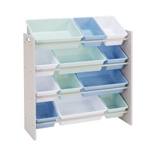 Kids' Toy Storage Organiser with 12 Plastic Bins - Grey Wood with Blue Bins