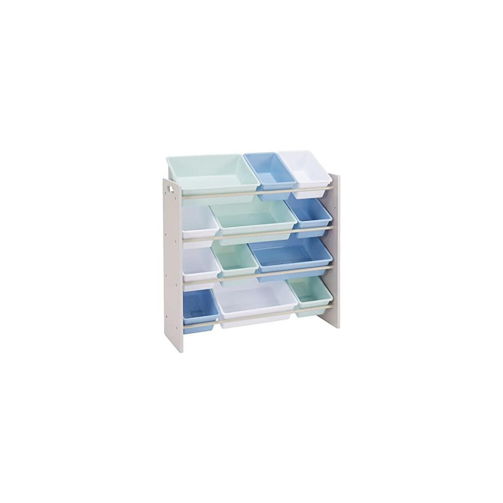 Kids' Toy Storage Organiser with 12Â Plastic Bins - Grey Wood with Blue Bins