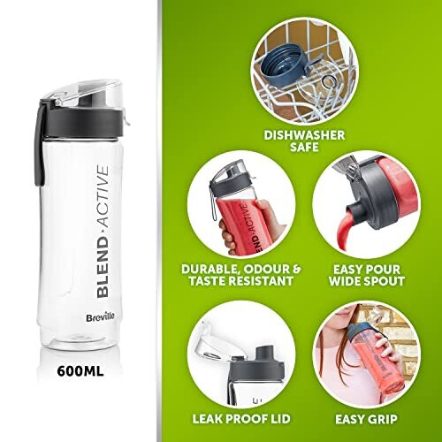 Breville Blend Active Bottle (600ml) | Clear Smoothie Bottle | Leak Proof | Grey Lid [VBL247] 1