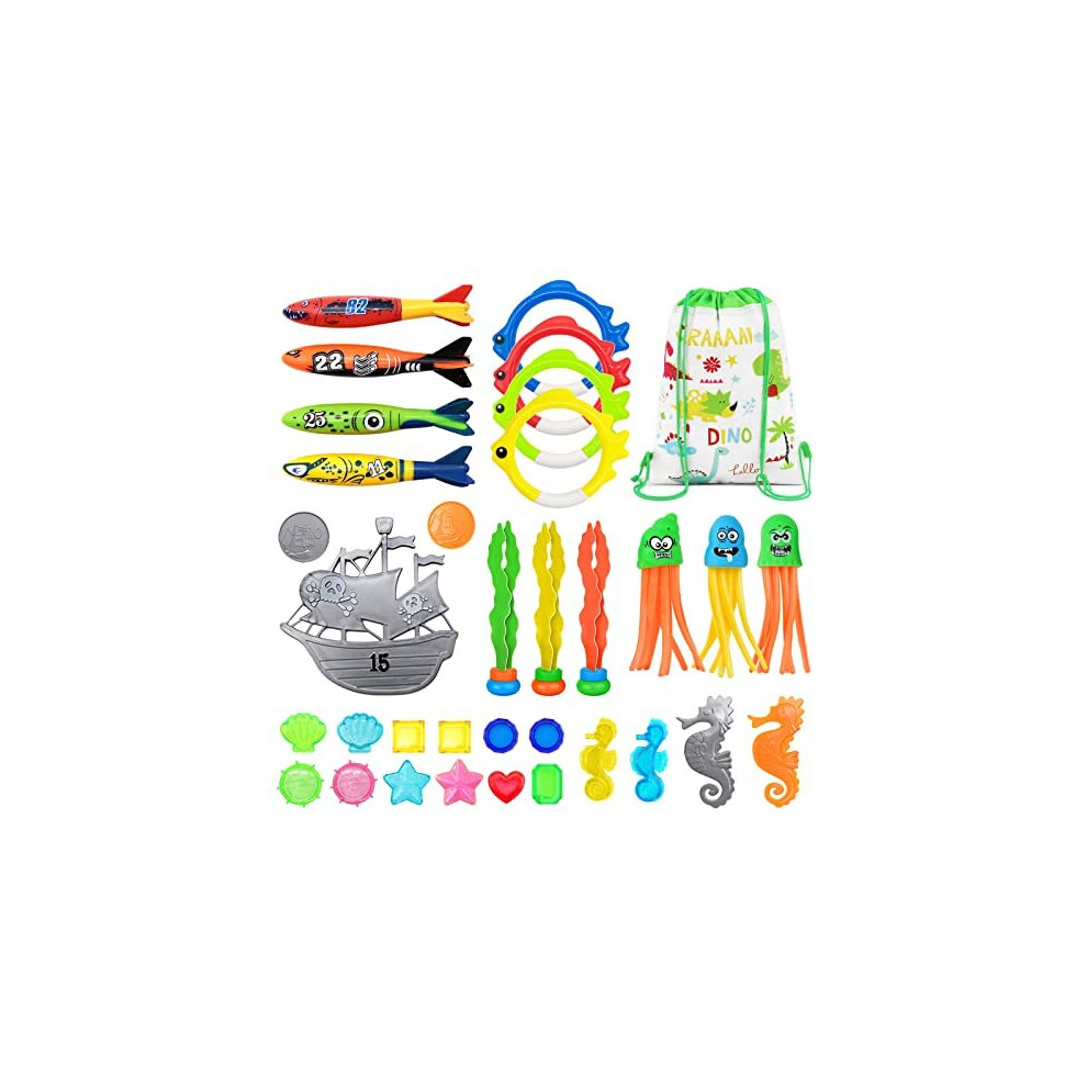 34PCS Diving Toys for Swimming Pool, Kids Swimming Pool Toys with Sinkers Torpedo Fish Rings, Underwater Pool Diving Toys for Kids