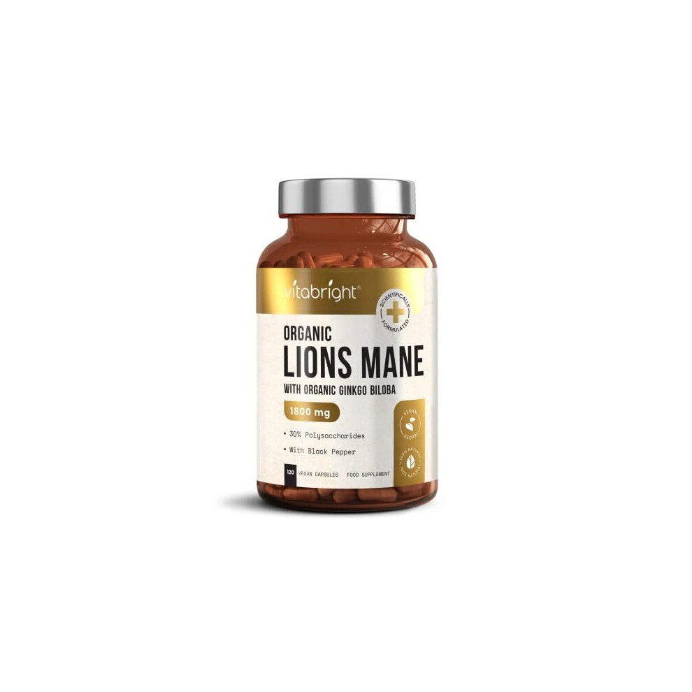 Organic Lions Mane Mushroom Complex - 12:1 Extract Ratio Equivalent to 1800mg - 120 Capsules (4 Month Supply) - with Ginkgo Biloba and Black Pepper -