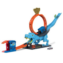 City Track Set with 1 Toy Car, Race through a Giant Loop to Defeat a Big Dinosaur, T-Rex Loop Stunt and Race Playset, HNP77