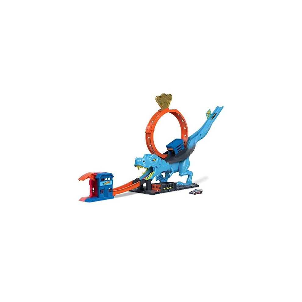 Hot Wheels City Track Set With 1 Toy Car, Race Through A Giant Loop To Defeat A Big Dinosaur, T-Rex Loop Stunt And Race Playset, Hnp77