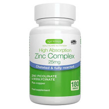 High Absorption Chelated Zinc Complex 25mg with Copper, Gentle Zinc Picolinate & Bisglycinate for Skin, Immune, and Cellular Health, 180 Tablets, by