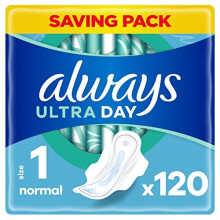 Ultra Sanitary Towels with Wings, Size 1, Normal, 120 Towels (30 x 4 packs), Odour Neutraliser, Super Absorbent Core