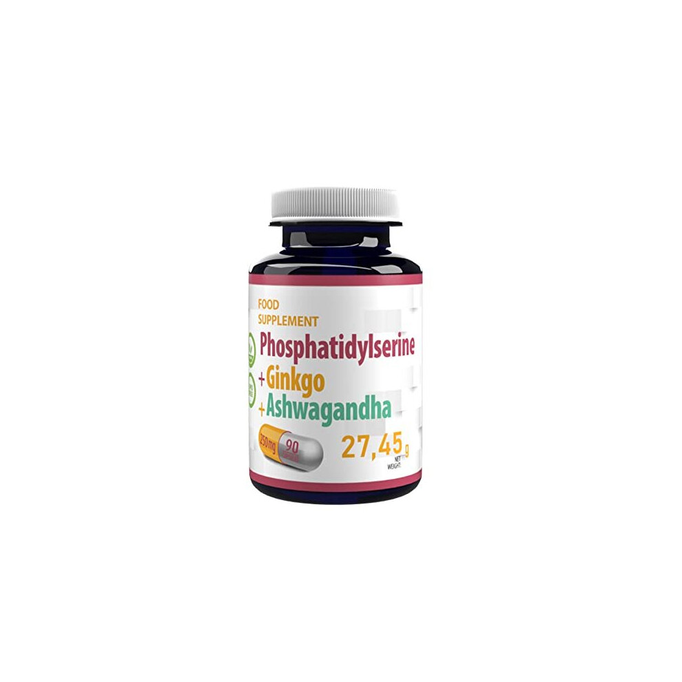 Phosphatidylserine + Ginkgo Biloba + Ashwagandha 250mg 90 Vegan Capsules, 3rd Party Lab Tested, High Strength Supplement, Gluten and GMO Free