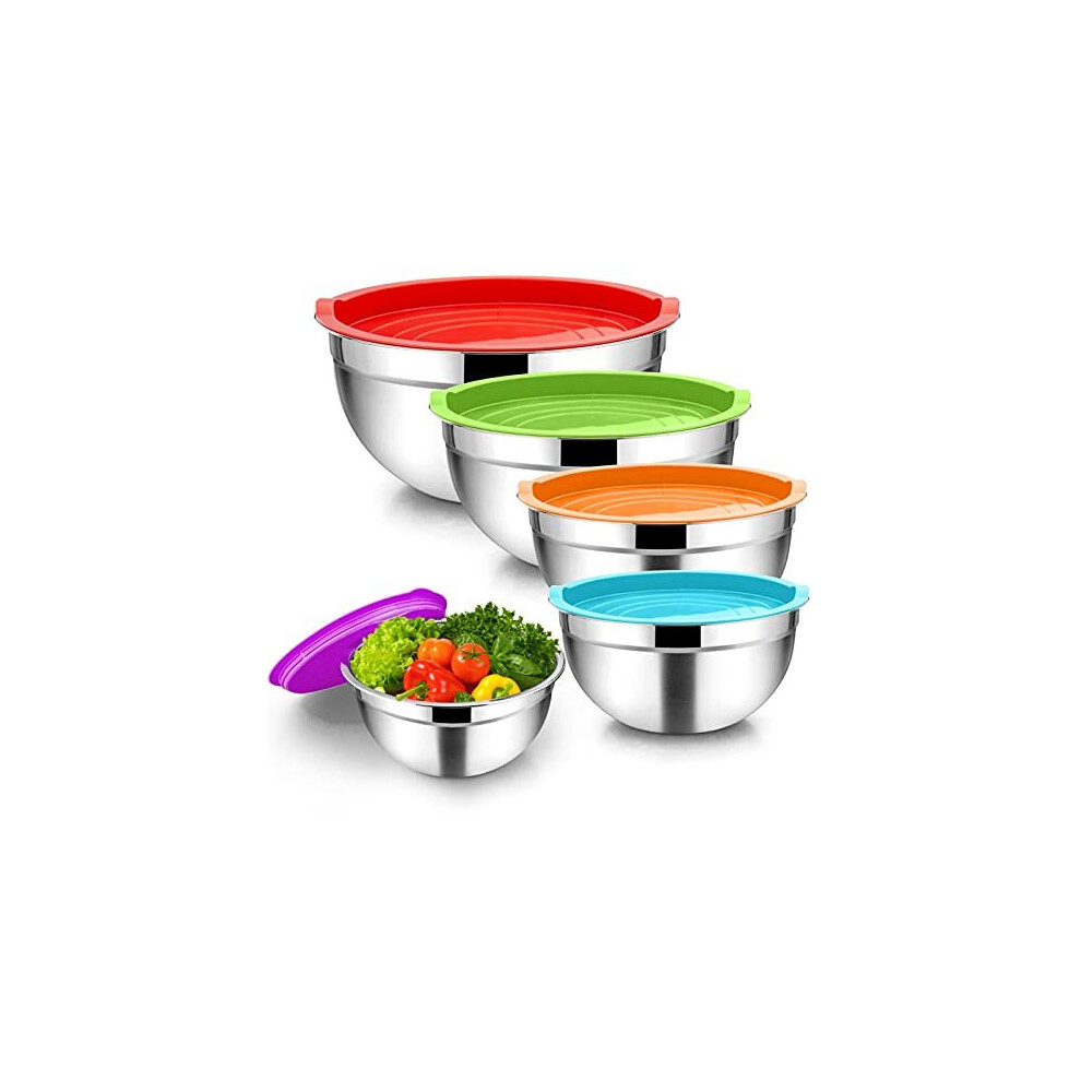 Stainless Steel Mixing Bowls with Airtight Lids, 5 Piece Nesting Salad Bowls for Space-Saving Storage, Metal Serving Bowl for Kitchen