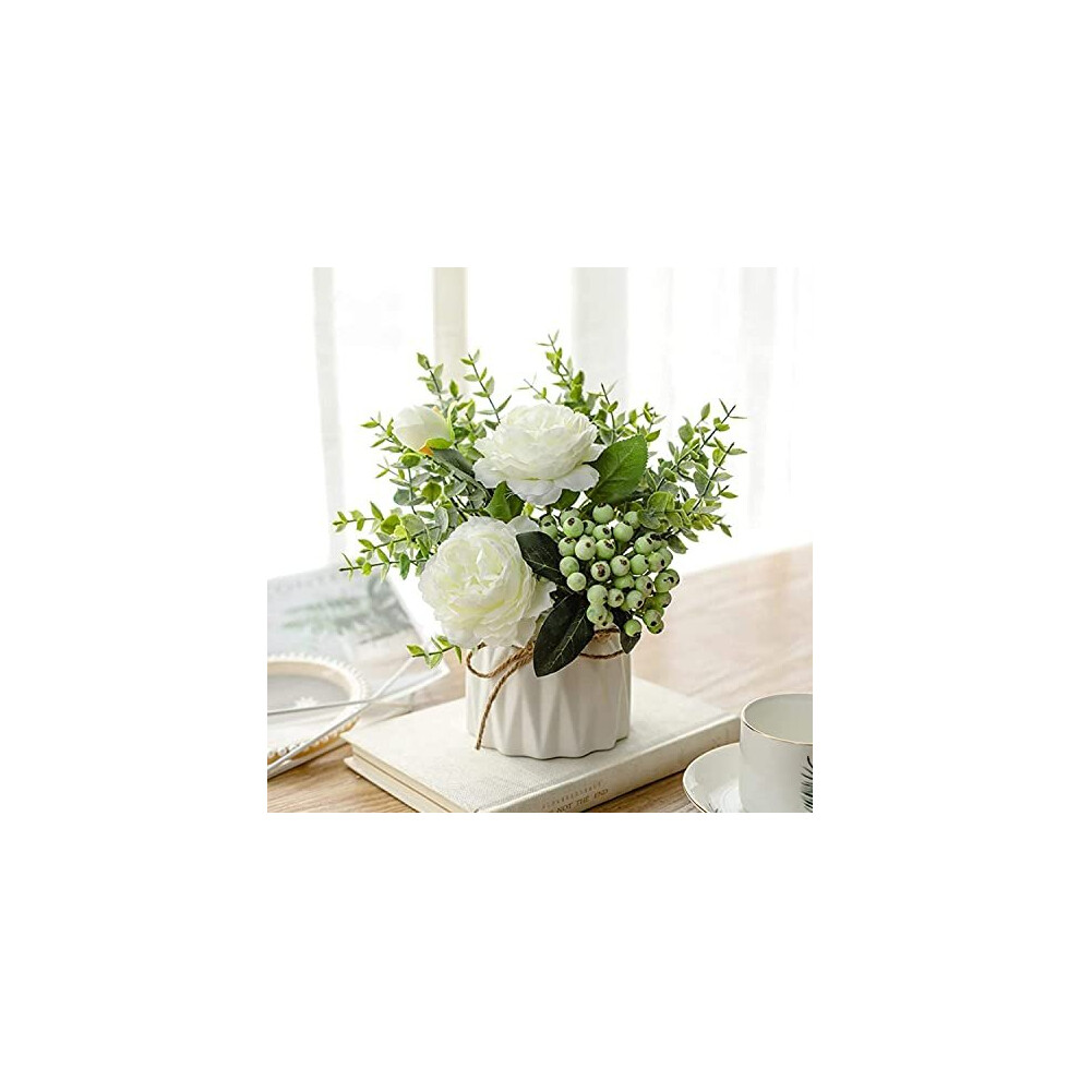 Artificial Flowers with Ceramic Vase Faux Silk Rose Fake Plants in Pots Arrangement Indoor Decorations for Home Wedding Party White