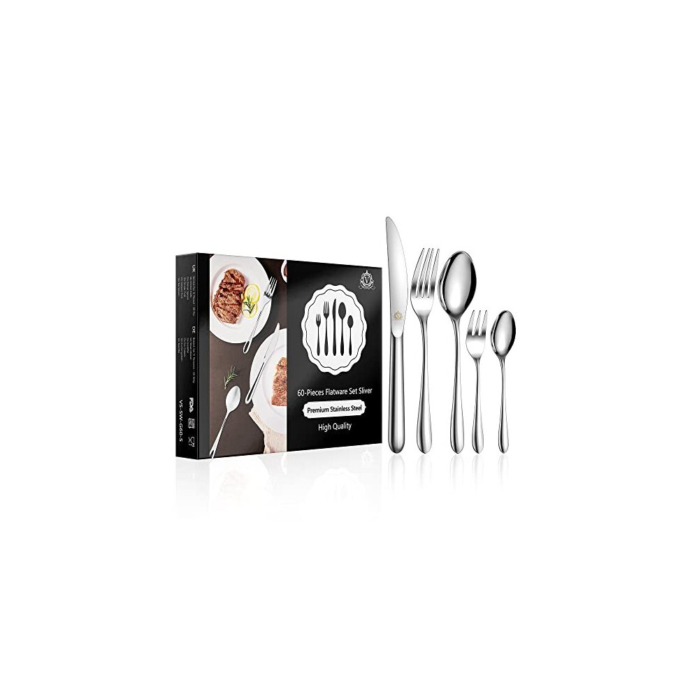 Cutlery Set for 12 People, Knives and Forks Set, 60 Piece 18/10 Stainless Steel Flatware Set with 12 Knives/12 Dinner Spoons/12 Forks/12 Tea Spoons/12