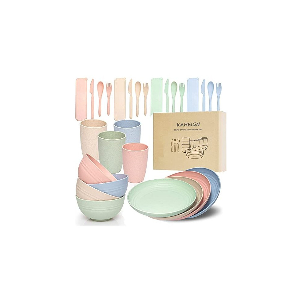 28Pcs Plastic Dinnerware Sets, 4 Sets Unbreakable Lightweight Plates, Cups, Bowls and Cutlery, Eco Friendly & Reusable Microwave & Dishwasher Safe