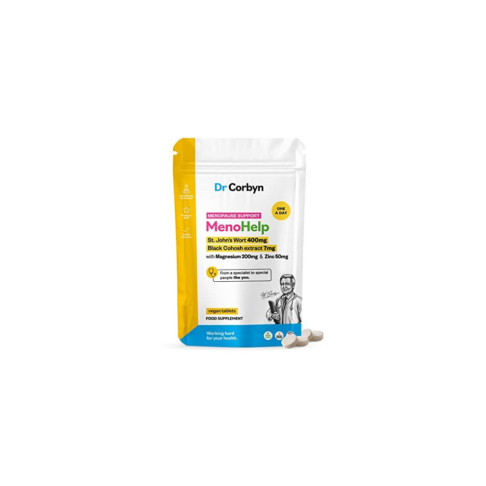 MenoHelp (60 Tablets) with St. John's Wort, Black Cohosh, Magnesium & Zinc | Menopause Well-Being | 400mg St. John's Wort, 7mg Black Cohosh, 200mg