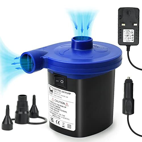 Electric Air Pump Portable Camping Quick Pumps Air Inflator/Deflator for inflatables with 3 Nozzles (Home & Car Use)