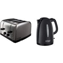 18790 Futura 4-Slice Toaster, 1500 W, Stainless Steel Silver, Four Slice & Textures Plastic Kettle 21271, 1.7 L, 3000 W - Black
