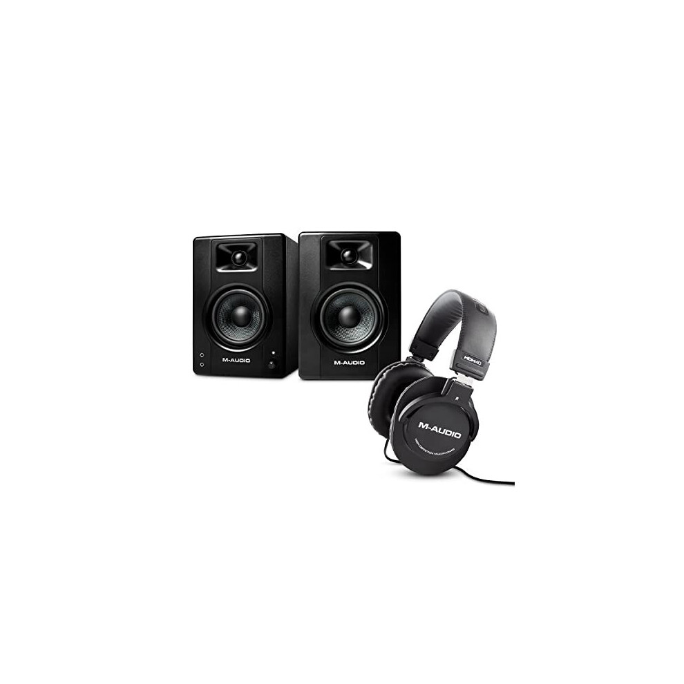 Bundle - BX4 4.5" Studio Monitor Speakers and Over Ear Studio Headphones for Recording, Mixing and Streaming with Music Production Software