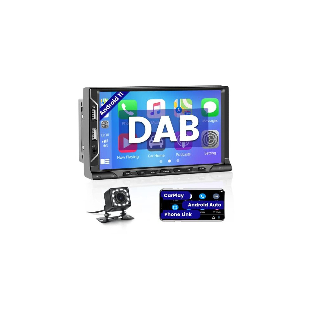 CarPlay Android 11 Car Stereo Double Din Built-in DAB/DAB+ 7" Touch Screen Car Radio Bluetooth with Android Auto Sat Nav WiFi Mirror Link 6 USB Port