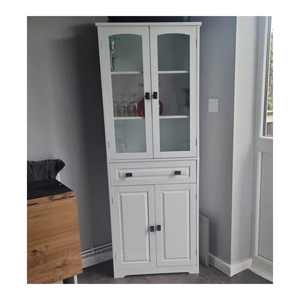 Uhf White Larder Unit Tall Kitchen Cupboard Display Glass Door Cabinet Pantry Shelf