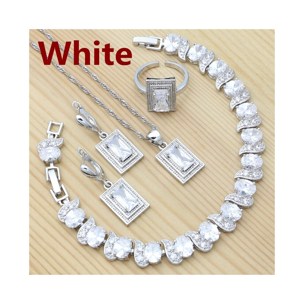 Radiant 925 Sterling Silver Square Crystal Jewelry Set – Noble Wedding Collection: Earrings, Pendant, Chain, Bracelet & Ring for Women