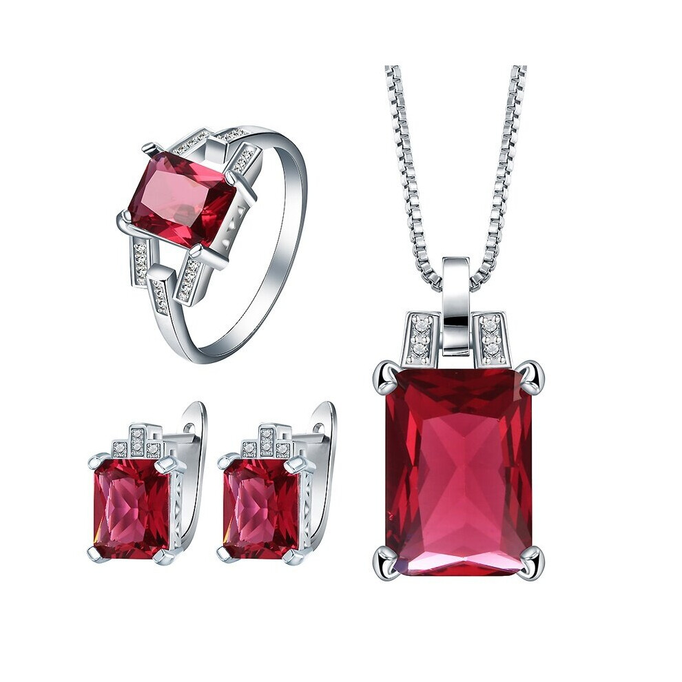 (Jewelry Set Red-7) Women's 925 Sterling Silver Ruby Zircon Gemstone Earrings Ring Pendant Necklace Jewelry Sets Square Style