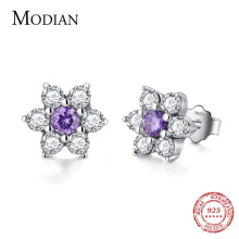 High 100% 925 Sterling Silver Flower Purple Crystal Stud Earrings CZ for Women Wedding Jewelry Gift