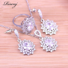 (three piece White-7-50cm) Shinny Cz Silver Costume Jewelry For Women Stud Earrings Ring Necklcae Bracelet Bridal Jewelry In Store