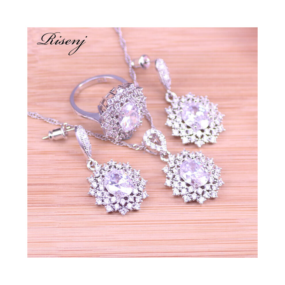 (three piece White-7-50cm) Shinny Cz Silver Costume Jewelry For Women Stud Earrings Ring Necklcae Bracelet Bridal Jewelry In Store