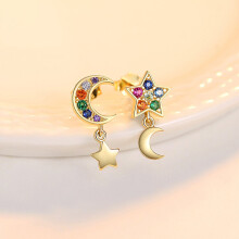 Moon and Star Stud Earrings 925 Sterling Silver Multicolor CZ Stone Fine Romantic Jewelry for Women Dating Party HZE-018
