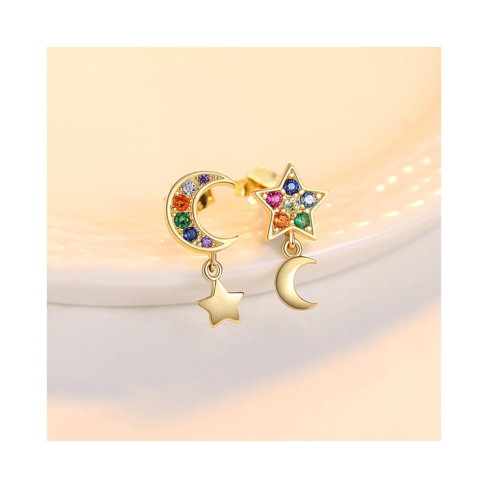 Moon And Star Stud Earrings 925 Sterling Silver Multicolor Cz Stone Fine Romantic Jewelry For Women Dating Party Hze-018 Multicoloured