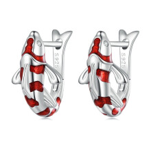 Real 925 Sterling Silver Red Luck Carp Hoop Earrings Colorful Chinese Art Drop Earring Year Jewelry Gift BSE742