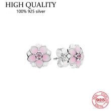S925 Sterling Silver Pink Magnolia Earrings Women's Silver Earrings Jewelry