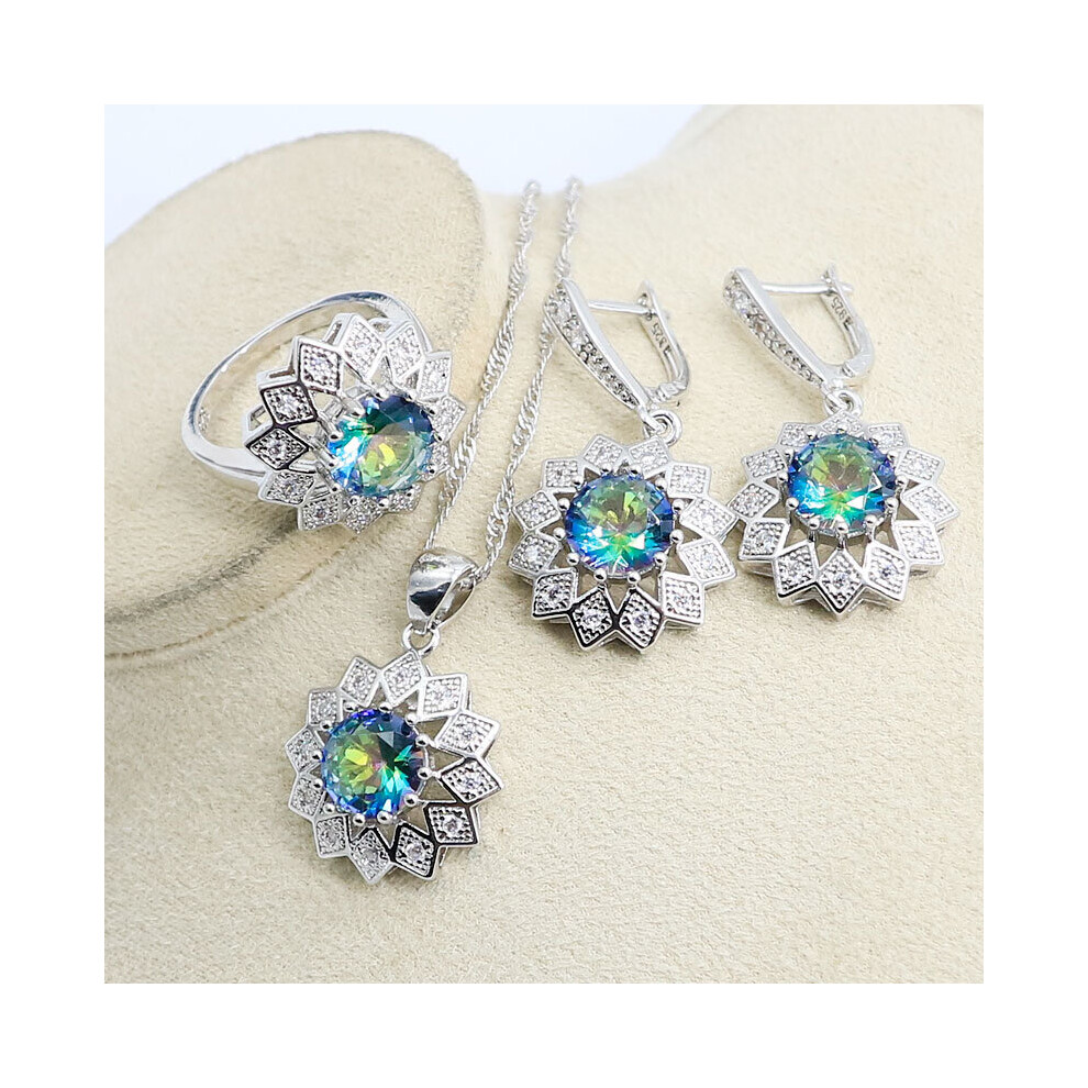 (Rainbow 3PCS Clear-7) Rainbow Zircon Silver 925 Jewelry Set for Women Bracelet Earring Necklace Pendant Ring
