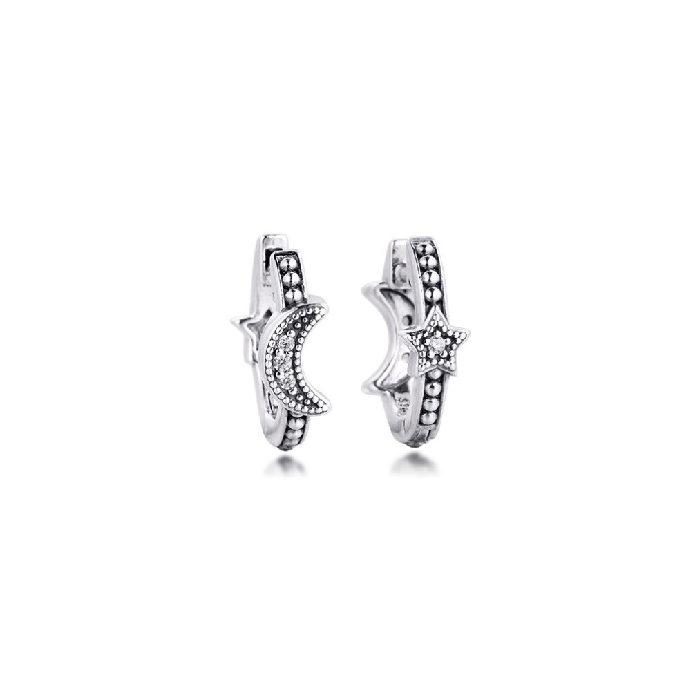 Silver Earrings 100% Real Sterling Silver Crescent Moon & Stars Beaded Hoop Earrings for Women S925 Jewelry Bijouterie