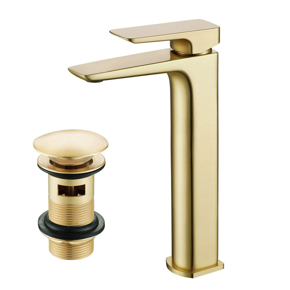 Nes Home Modern Countertop Brushed Brass Tall Square Basin Mono Mixer Tap + Waste