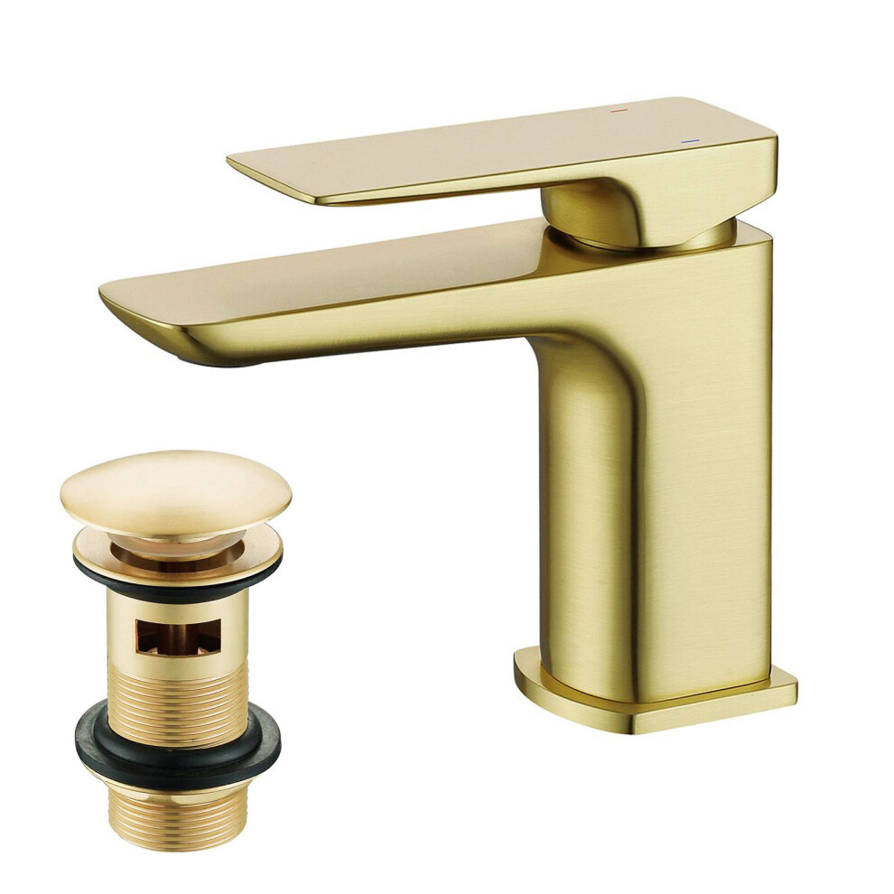 Nes Home Modern Brushed Brass Square Basin Mono Mixer Tap + Waste