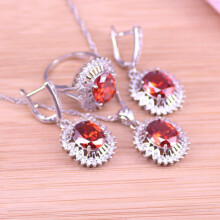(three piece White-6-50cm) 925 Silver Costume Red Stone Jewelry For Women Earrings Ring Necklcae Bracelet Set Bridal Jewelry