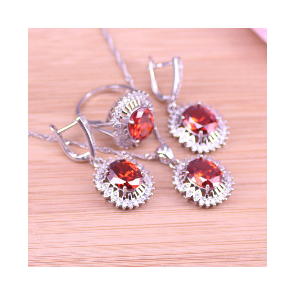 (three piece White-6-50cm) 925 Silver Costume Red Stone Jewelry For Women Earrings Ring Necklcae Bracelet Set Bridal Jewelry