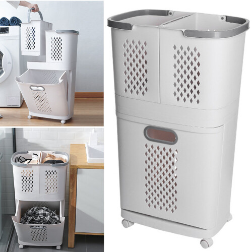 Living And Home 3-Compartment Rolling Laundry Sorter Hamper - White Plastic with Locking Castors, 74 cm Tall 1