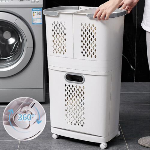 3-Compartment Rolling Laundry Sorter Hamper - White Plastic with Locking Castors, 74 cm Tall