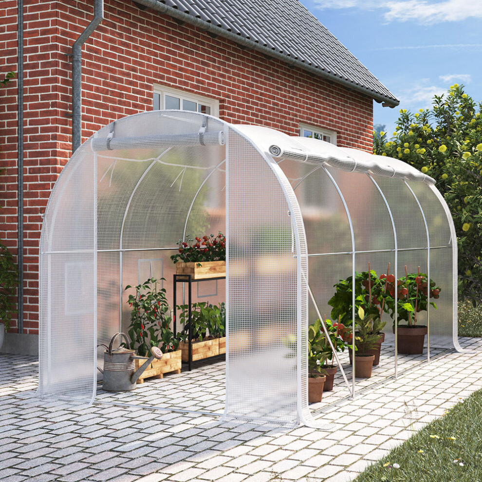 (4M*3M*2M) White Outdoor Polytunnel Garden Grow Greenhouse Roll-up Side Walls Poly Tunnel