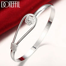 925 Sterling Silver Rose Flower Bangle Bracelet For Women Wedding Engagement Charm Party Jewelry
