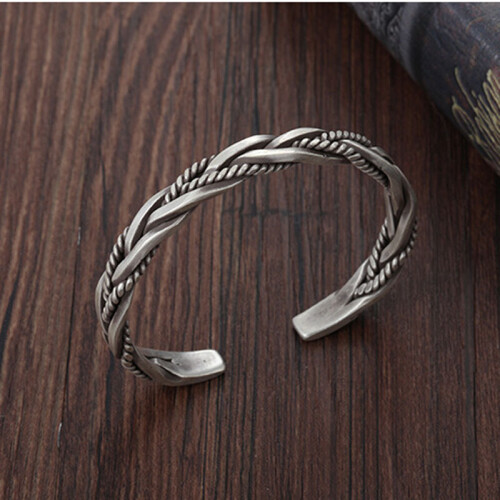 925 Sterling Silver Bangle Silver Retro Woven Bangle Gift For Men 2