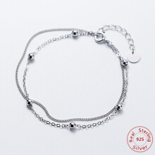 Two Layers 925 Sterling Silver Beaded Chain Charm Bracelet For Women Adjustable Length