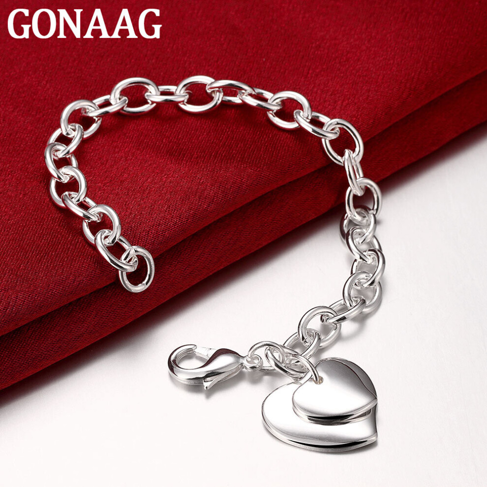 Jewelry 925 Sterling Silver Double Heart Charm Bracelet For Women Men Silver Link Chain Bracelet Multicoloured