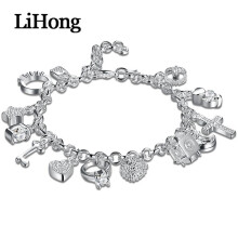 925 Sterling Silver Bracelet with 13 Hanging Charms: Moon, Heart, Lock, Cross - Unisex Jewelry