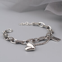100% Solid 925 Sterling Silver Hiphop Thick Heart Bracelet for Women Men Vintage Hasp Bracelet Birthday Gift