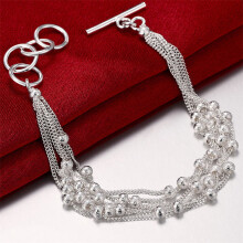 925 Sterling Silver Glossy Frosted Multi-threaded Beaded Bracelet Women Wedding Engagement Party Jewelry