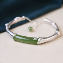 S925 Sterling Silver Bracelet Natural Hetian Jade High Ethnic Style Bamboo Bracelet Adjustable Opening Bangle Bracelet
