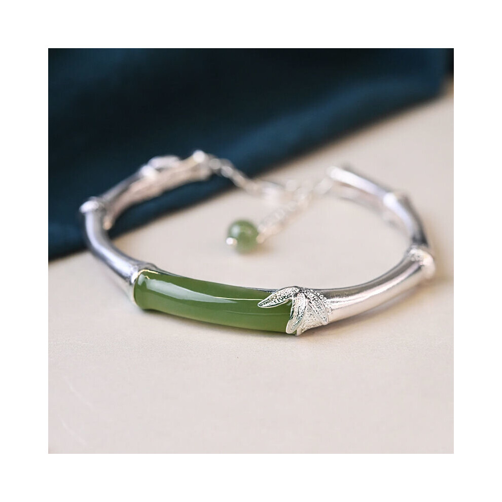 S925 Sterling Silver Bracelet Natural Hetian Jade High Ethnic Style Bamboo Bracelet Adjustable Opening Bangle Bracelet Multicoloured