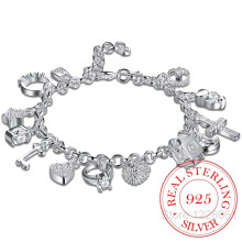 925 sterling silver 13 charms Cross Lock Key Heart Star Moon Flower Zircon bracelet bangle women's fine jewelry Accessories