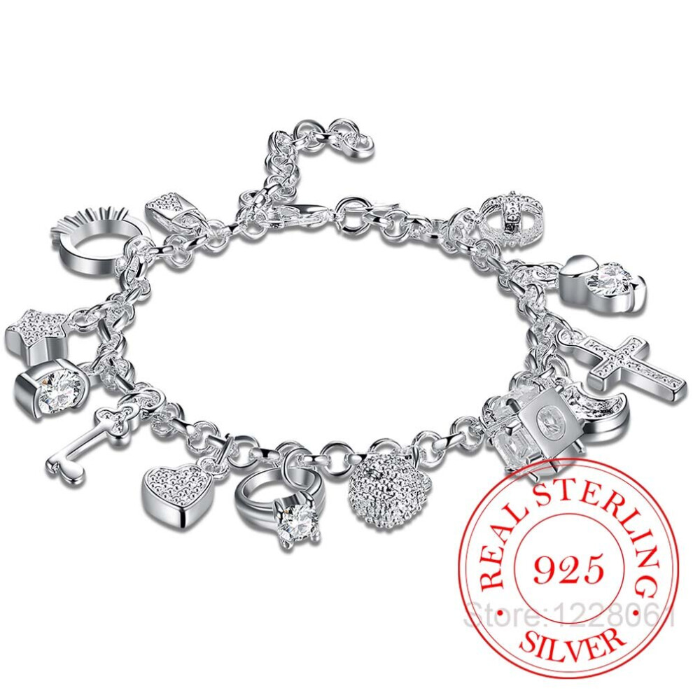 925 sterling silver 13 charms Cross Lock Key Heart Star Moon Flower Zircon bracelet bangle women's fine jewelry Accessories